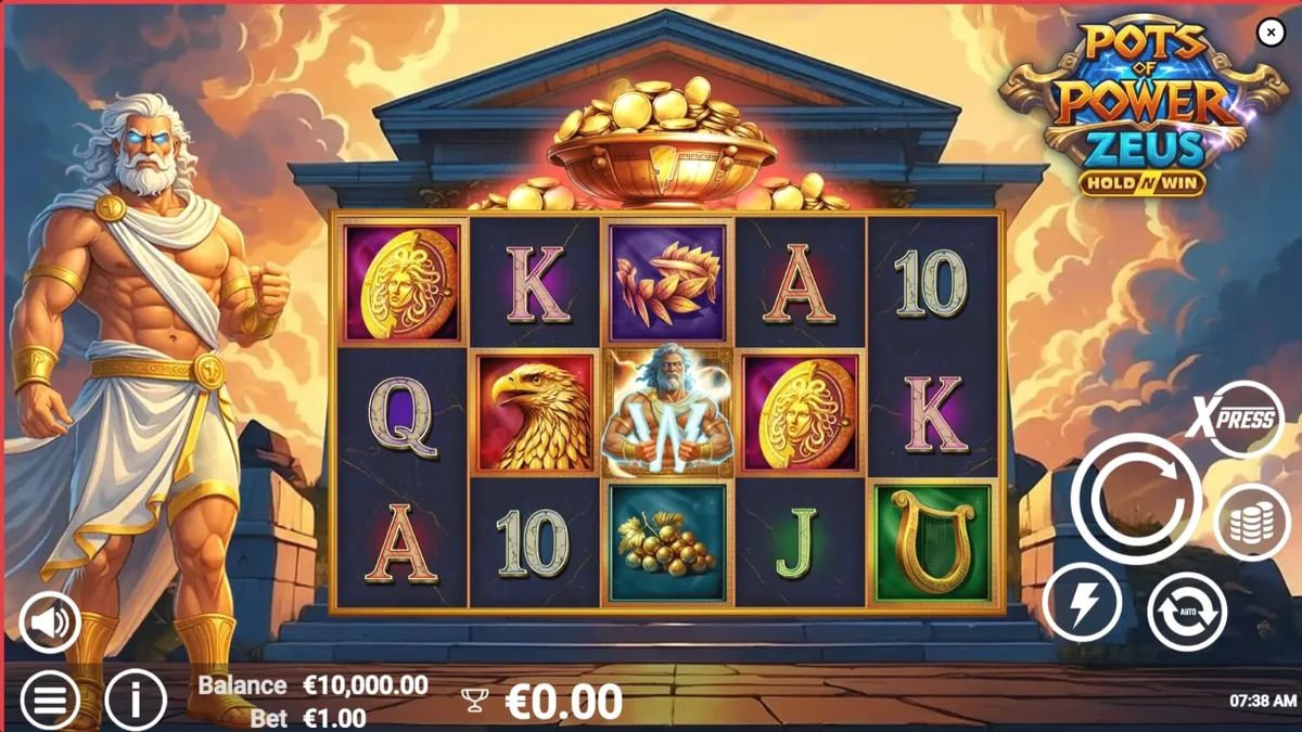 Tampilan visual slot Pots of Power: Zeus dengan tema mitologi Yunani yang dramatis